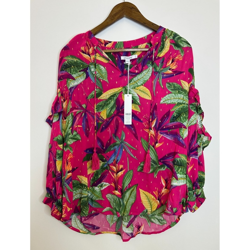 NEW Chico's Double Ruffle Sleeve Vivid Botanical Blouse Tasseled Top Size 1 US 8 - Picture 2 of 11